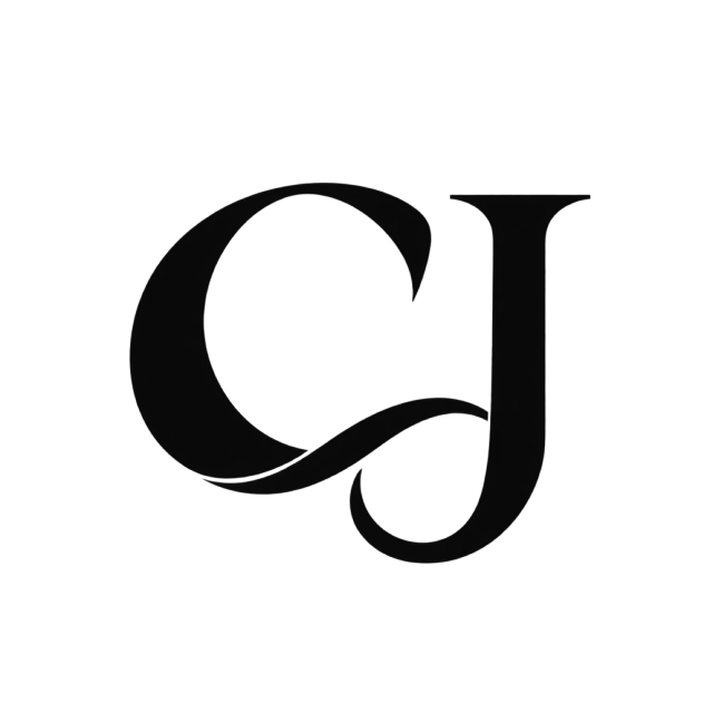 CJ monogram in black with a broad curved C flowing into a long hooked J