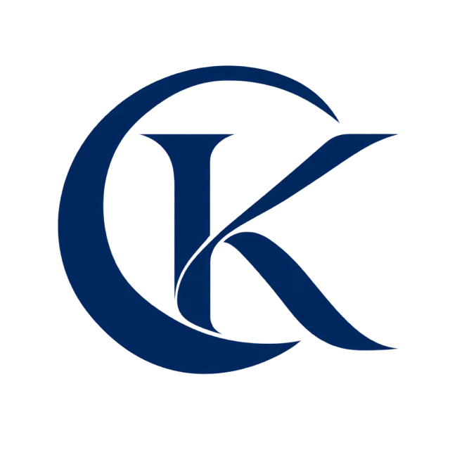 CK monogram in navy blue with a sweeping outer curve surrounding diagonal serif strokes