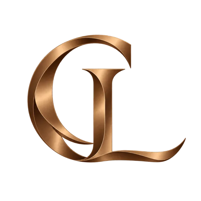 CL monogram in bronze gradient with overlapping curved and upright serif strokes