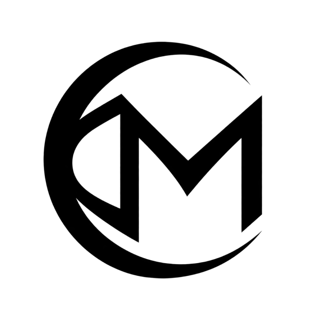 CM monogram in black with a sweeping circular C enclosing a pointed M