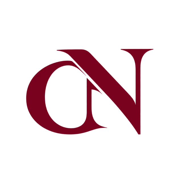 CN monogram in burgundy with a curved C crossed by a strong diagonal N stroke