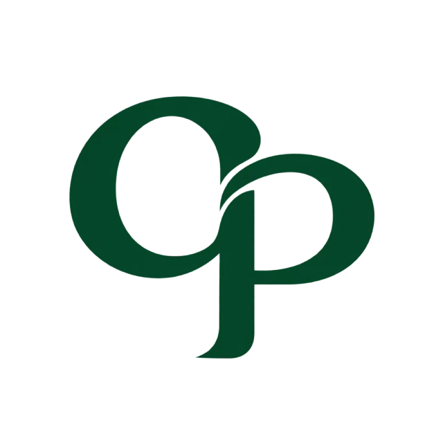 CP monogram in forest green with rounded overlapping loops with a thin descending stem