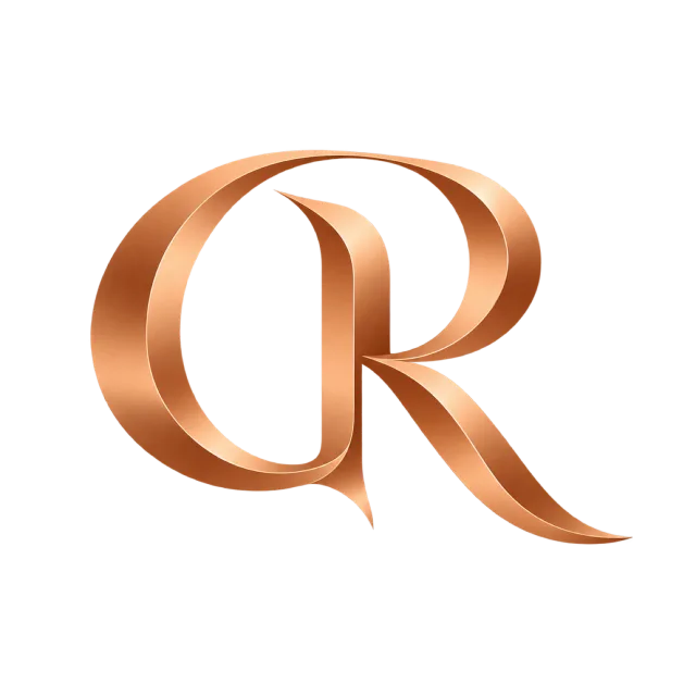 CR monogram in copper gradient with flowing curved strokes and a long sweeping R leg
