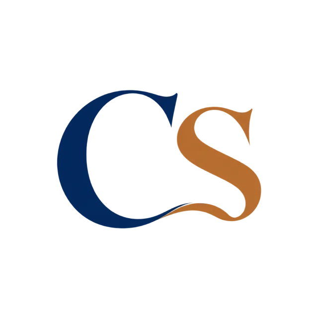 CS monogram in navy and copper with two contrasting serif letterforms joined by a curved lower flourish
