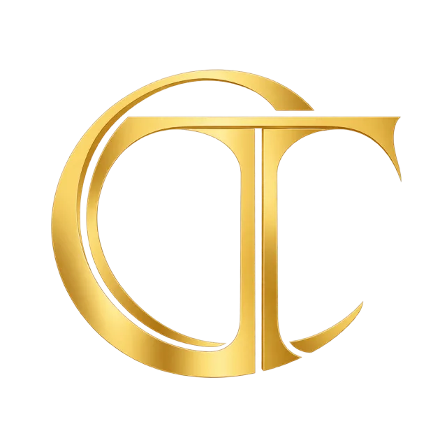 CT monogram in gold gradient with a thin circular C interwoven with a wide serif T