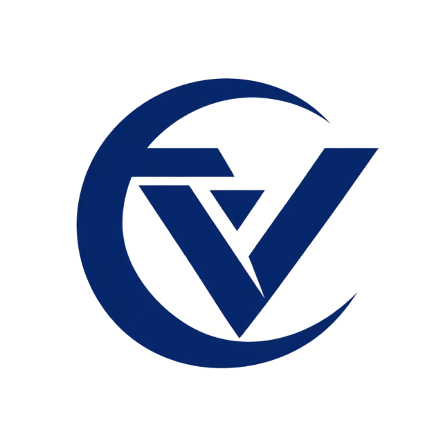 CV monogram in navy blue with a circular outer stroke surrounding a sharp V