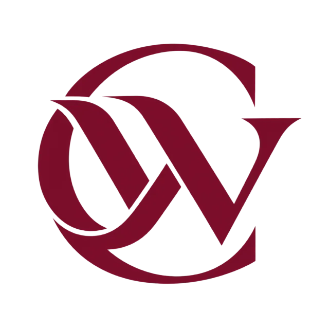 CW monogram in burgundy with a circular curve intertwined with angular W strokes