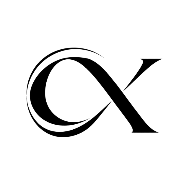 CX monogram in black with a looping curved stroke crossing a sharply angled X
