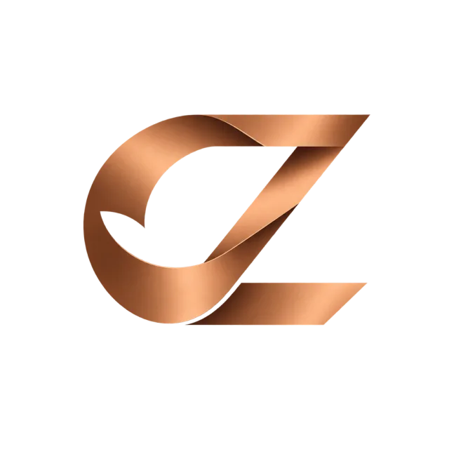 CZ monogram in copper gradient with a curved metallic-style band merging into an angular Z