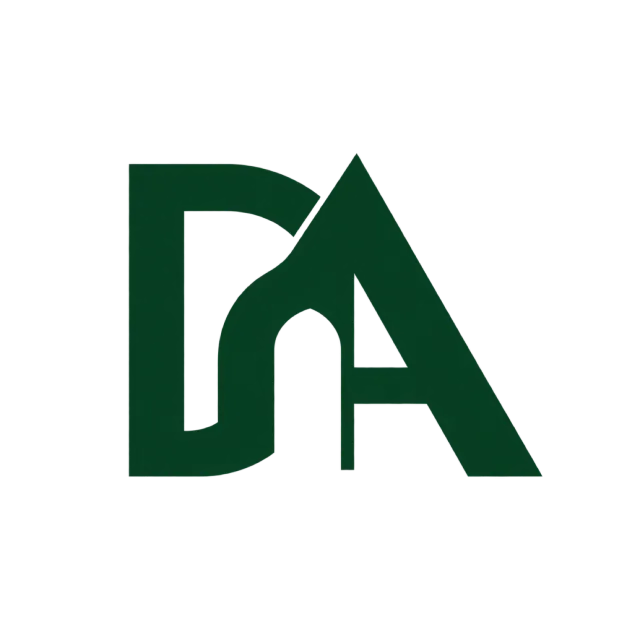 DA monogram in forest green with a squared D joined to a pointed A