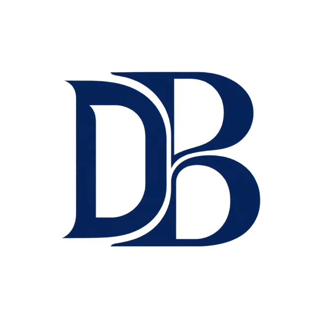 DB monogram in navy blue with overlapping serif outlines and rounded bowls