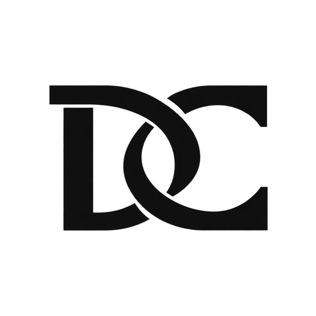DC monogram in black with bold curved letterforms crossing through a shared center