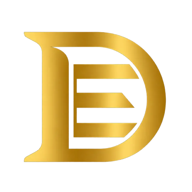 DE monogram in gold gradient with a rounded outer D enclosing three horizontal E bars