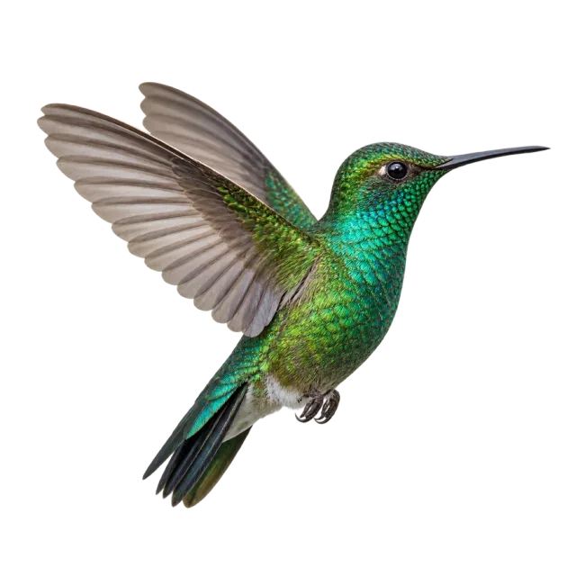 Small green hummingbird hovering with lifted wings and a long narrow beak on a transparent background