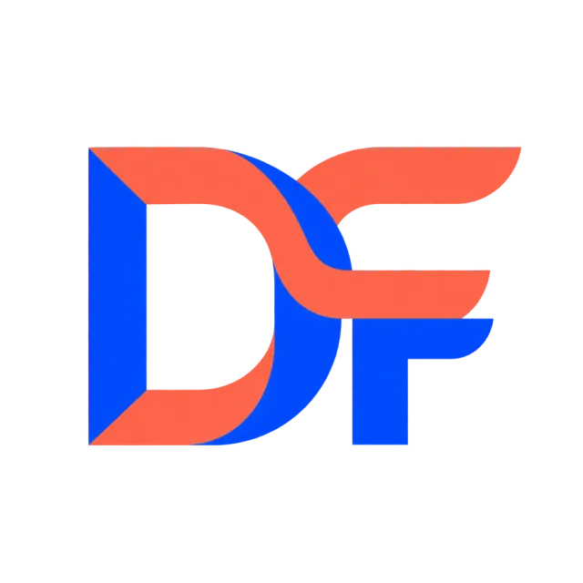 DF monogram in blue and coral with rounded blue strokes crossed by coral horizontal bands