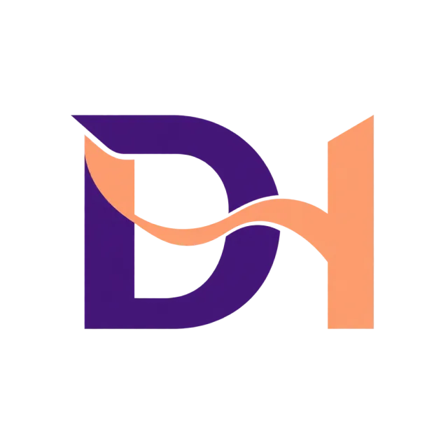 DH monogram in purple and peach with a deep purple D crossed by a peach H-shaped band