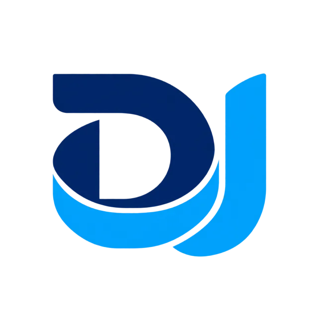 DJ monogram in navy and cyan with a dark rounded D above a bright curved J