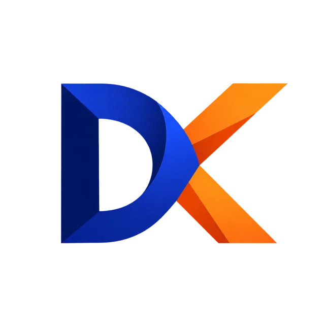 DK monogram in blue and orange with a rounded blue D crossed by orange diagonal arms