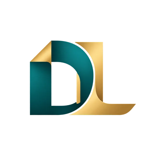 DL monogram in teal and gold with upright teal and gold-colored folded bands