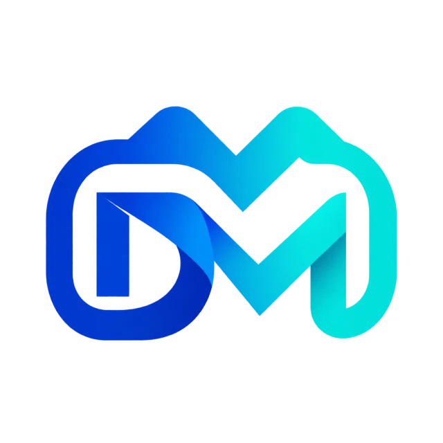 DM monogram in blue and aqua with continuous rounded strokes forming joined letter shapes