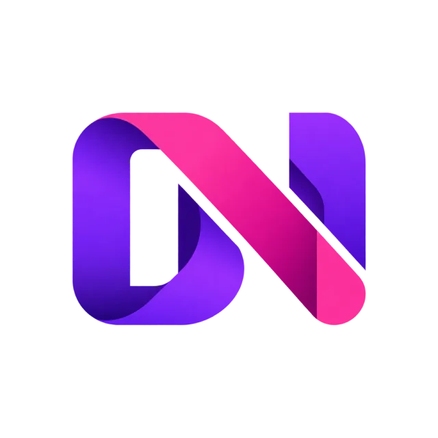 DN monogram in purple and pink with a rounded purple D crossed by a bright pink diagonal