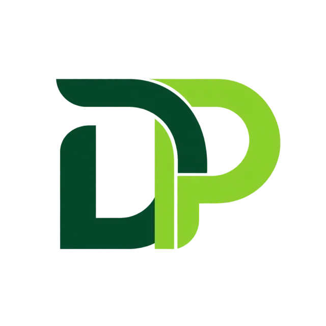 DP monogram in forest and lime green with upright dark green strokes joined to a lime rounded loop