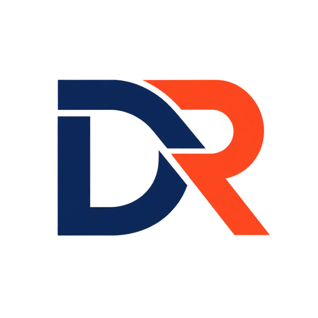 DR monogram in navy and red orange with a dark D overlapping a red-orange R
