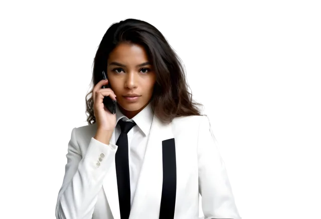 Woman in a white jacket over a dark top holding a phone to her ear on a transparent background