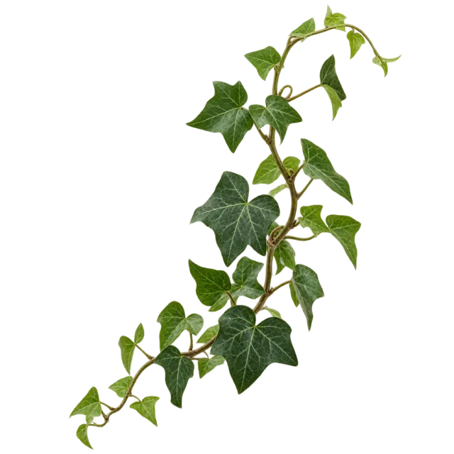 Curving ivy vine with pointed green leaves on thin trailing stems on a transparent background