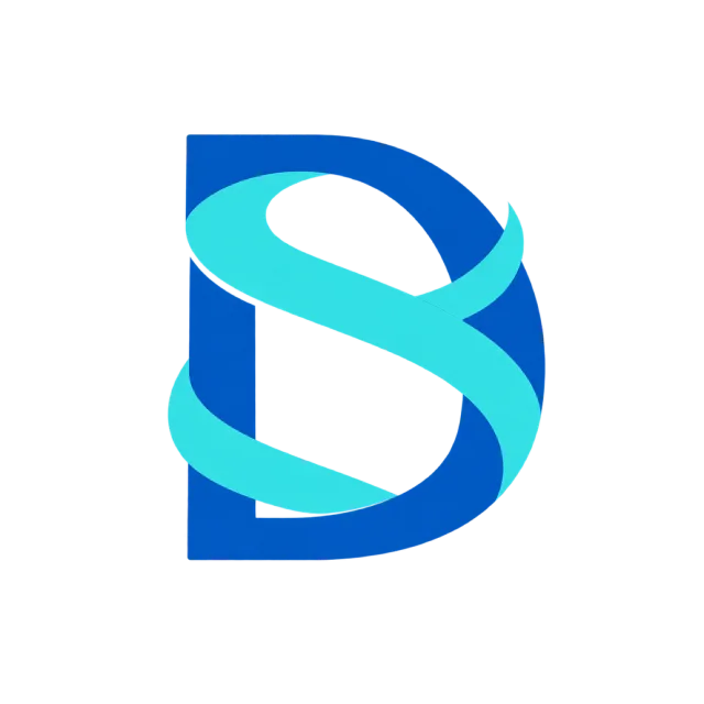 DS monogram in blue and turquoise with a turquoise S ribbon wrapped around a blue D