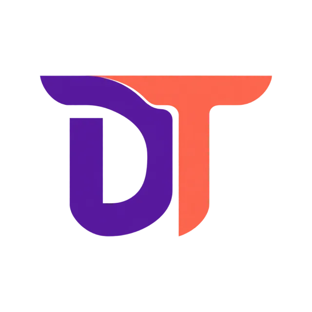 DT monogram in purple and coral with rounded purple strokes joined to a coral top bar and stem