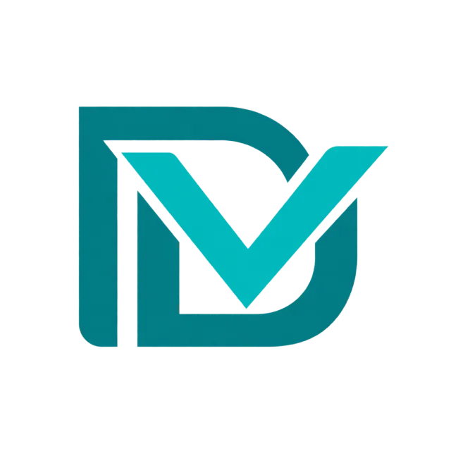 DV monogram in teal with angular outlined letterforms crossed by a white V-shaped gap