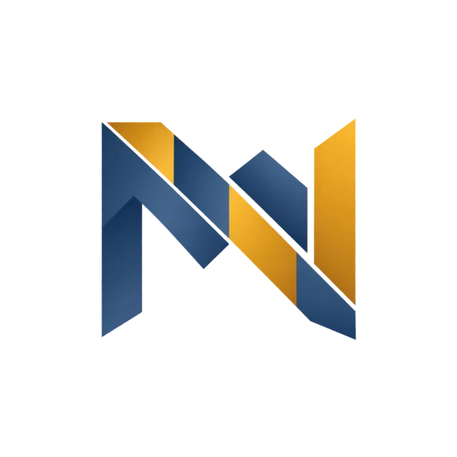 MN monogram in navy and gold with folded angular bands forming a peaked MN mark