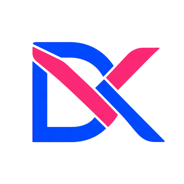 DX monogram in blue and pink with crossing blue and pink strokes with white diagonal separations