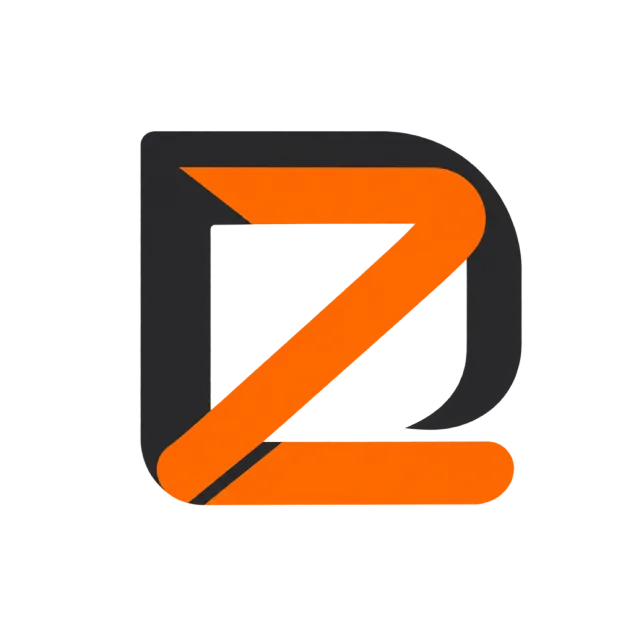 DZ monogram in charcoal and orange with a dark rounded D wrapped around an orange Z
