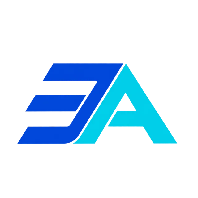 EA monogram in blue and cyan with three slanted blue bands joined to a cyan triangular A