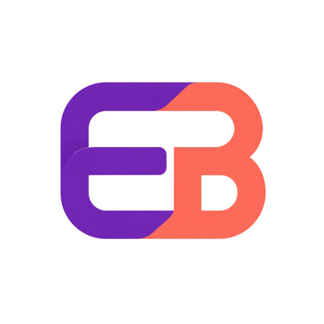 EB monogram in purple and coral with rounded interlocking letterforms separated by a fine white curve
