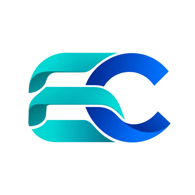 EC monogram in blue and turquoise with curved blue and turquoise bands divided by white flowing gaps