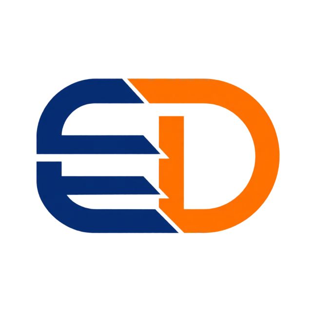 ED monogram in navy and orange with dark horizontal E bars joined to an orange curved D