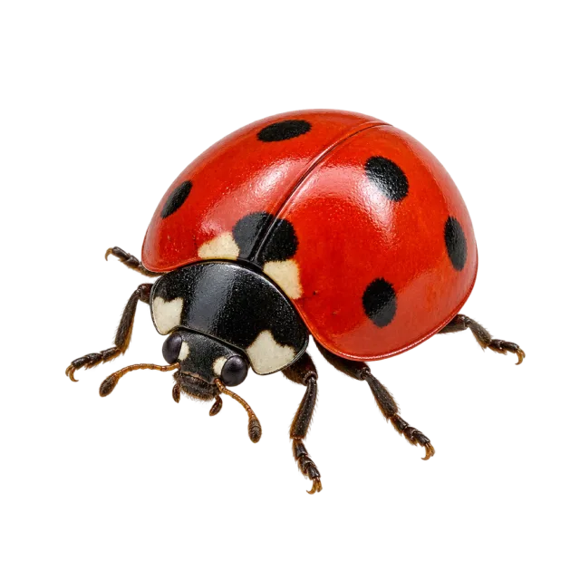 Red ladybug with glossy spotted wing covers, black head and small legs on a transparent background