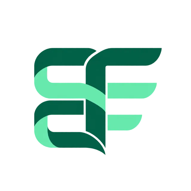 EF monogram in forest and mint green with rounded green letterforms with layered pale horizontal bands