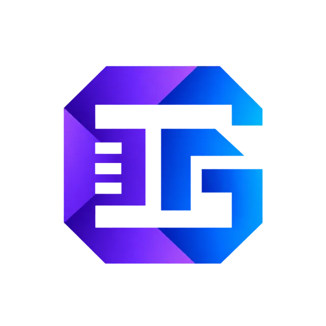 EG monogram in blue and purple with a faceted outer shape surrounding block-like inner letter strokes