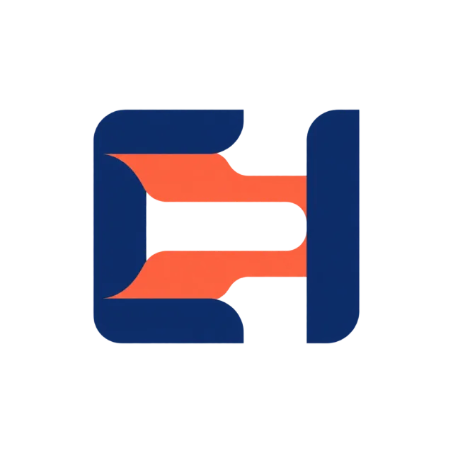 EH monogram in navy and coral with dark upright strokes joined by curved coral horizontal bands