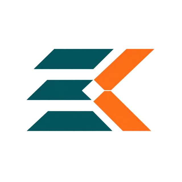 EK monogram in teal and orange with slanted teal bands meeting orange chevron-shaped strokes