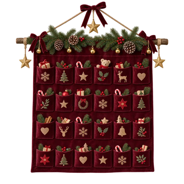 Burgundy hanging advent calendar with small decorated pockets, evergreen branches and gold stars