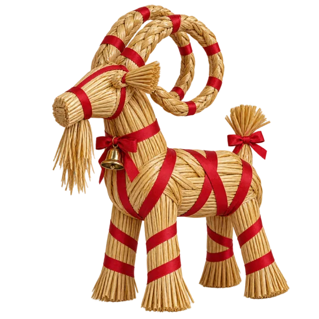 Straw-style Yule goat wrapped in red ribbons with curved horns and a small bell