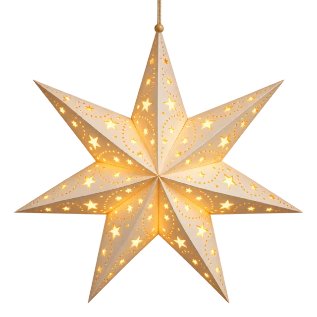 Glowing cream star lantern with folded points and small star-shaped cutouts