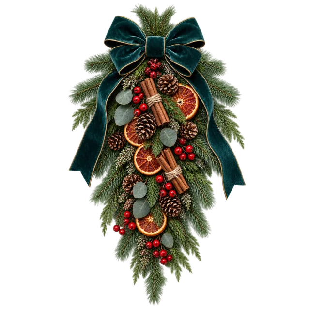 Evergreen door swag with orange slices, cinnamon sticks, berries and a dark green bow