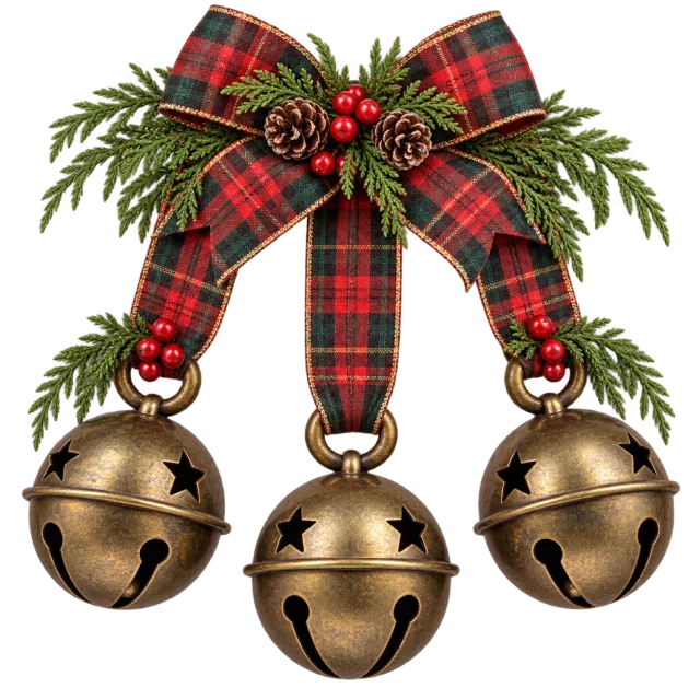 Three bronze-colored jingle bells hanging from a red tartan bow and evergreen sprigs