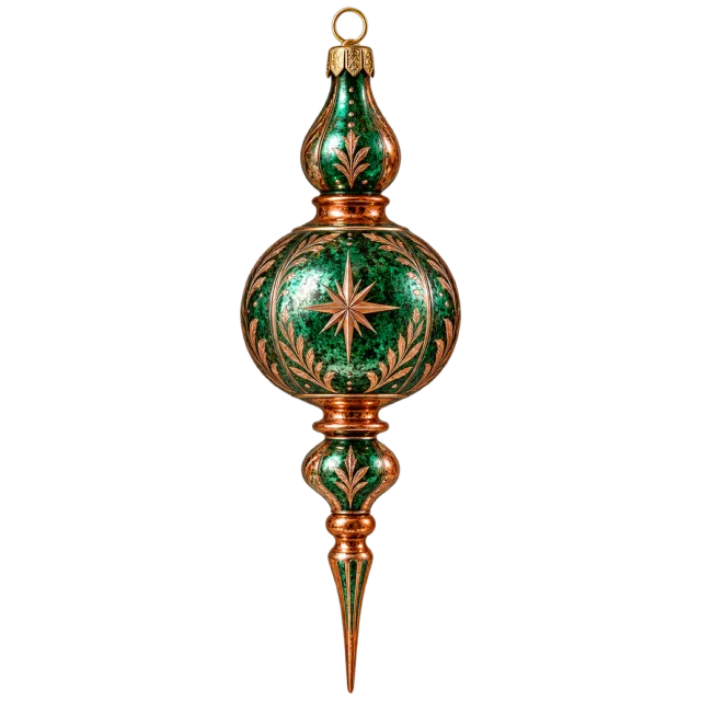 Emerald and gold finial ornament with a hanging loop and decorative star details